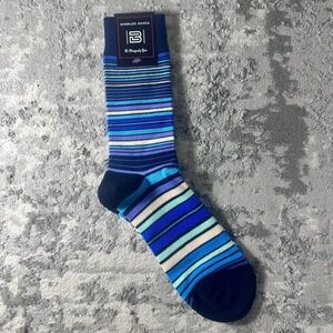 Bundlez Socks Mens Striped Crew Socks Blue Navy Teal Cotton Blend One Size NEW